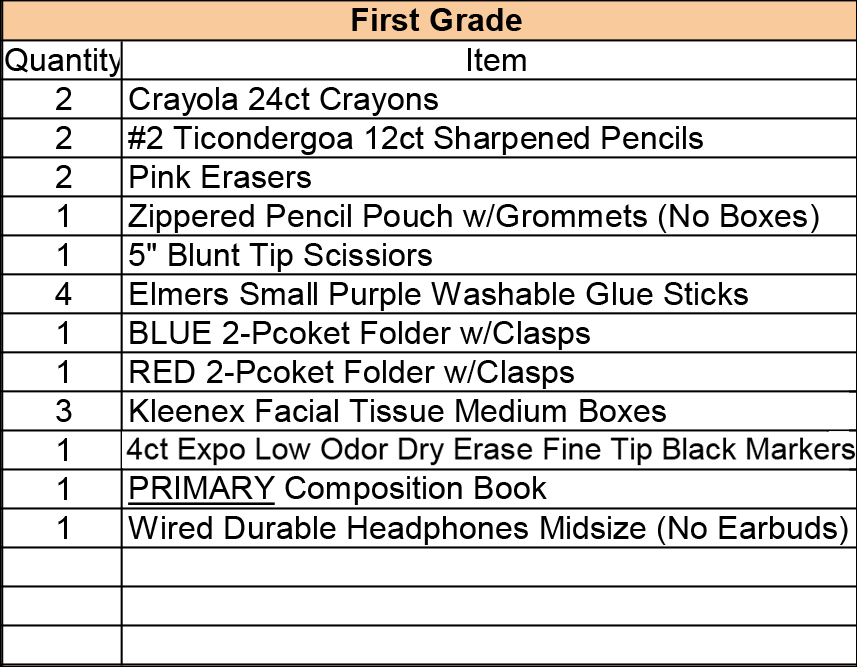 1st Grade School Supply List