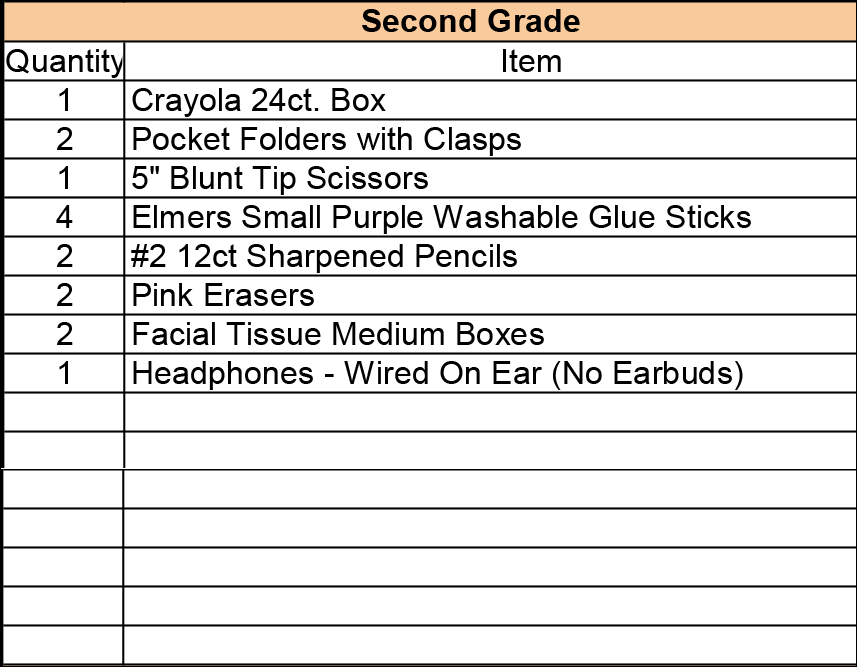 2nd Grade School Supply List