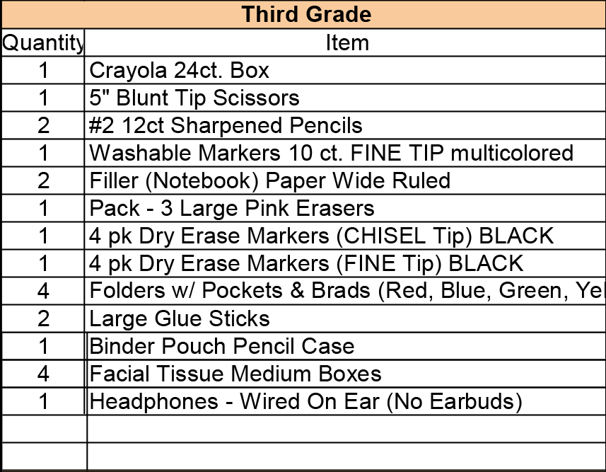 3rd Grade School Supply List