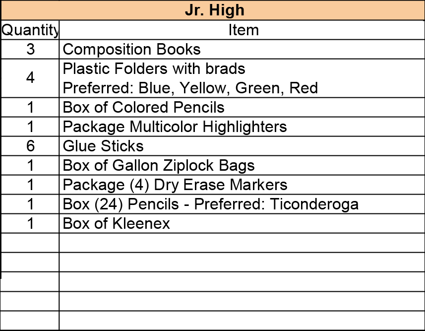 Junior High School Supply List