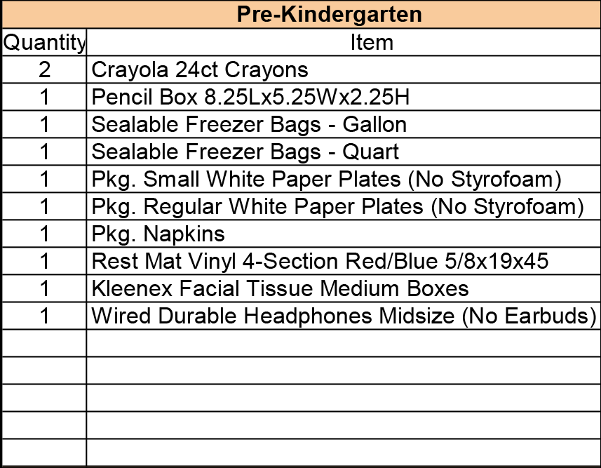 Pre-K School Supply List